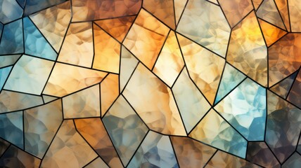 Lead glass window shiny background with yellow, orange, red and blue triangles created with Generative AI