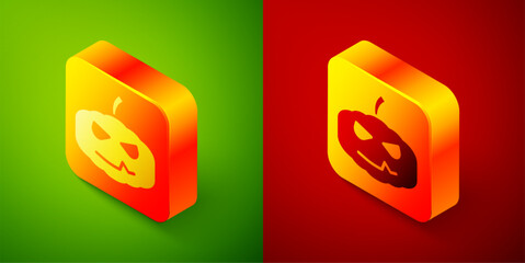 Isometric Pumpkin icon isolated on green and red background. Happy Halloween party. Square button. Vector