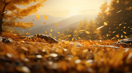 yellow leaves at sunrise in the forest