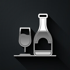 Silver Wine bottle with glass icon isolated on black background. Long shadow style. Vector