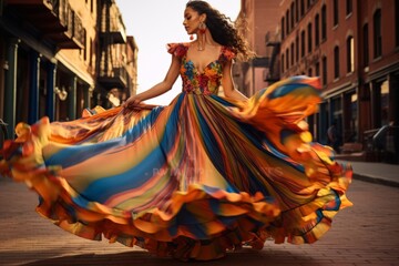 Beautiful young woman in a colorful dress dancing flamenco