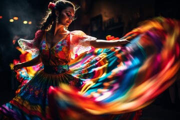 Beautiful young woman in a colorful dress dancing flamenco - obrazy, fototapety, plakaty