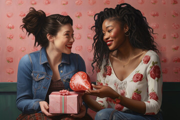 Beautiful couple of attractive women girlfriends giving gift boxes to each other.