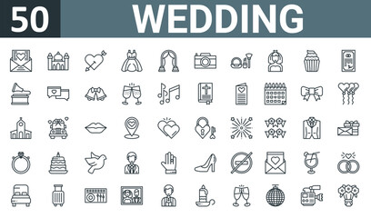 Fototapeta na wymiar set of 50 outline web wedding icons such as wedding invitation, mosque, arrow, female dress, wedding arch, camera, makeup vector thin icons for report, presentation, diagram, web design, mobile app.