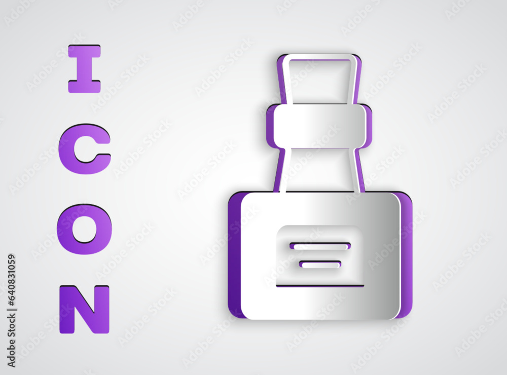 Sticker paper cut bottle with potion icon isolated on grey background. flask with magic potion. happy hallow