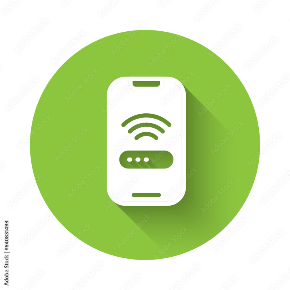 Poster white smartphone with free wi-fi wireless connection icon isolated with long shadow background. wire