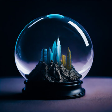 Futuristic Crystal Ball Fantasy Golden Skyscrapers in 3D Cityscape at Sunset