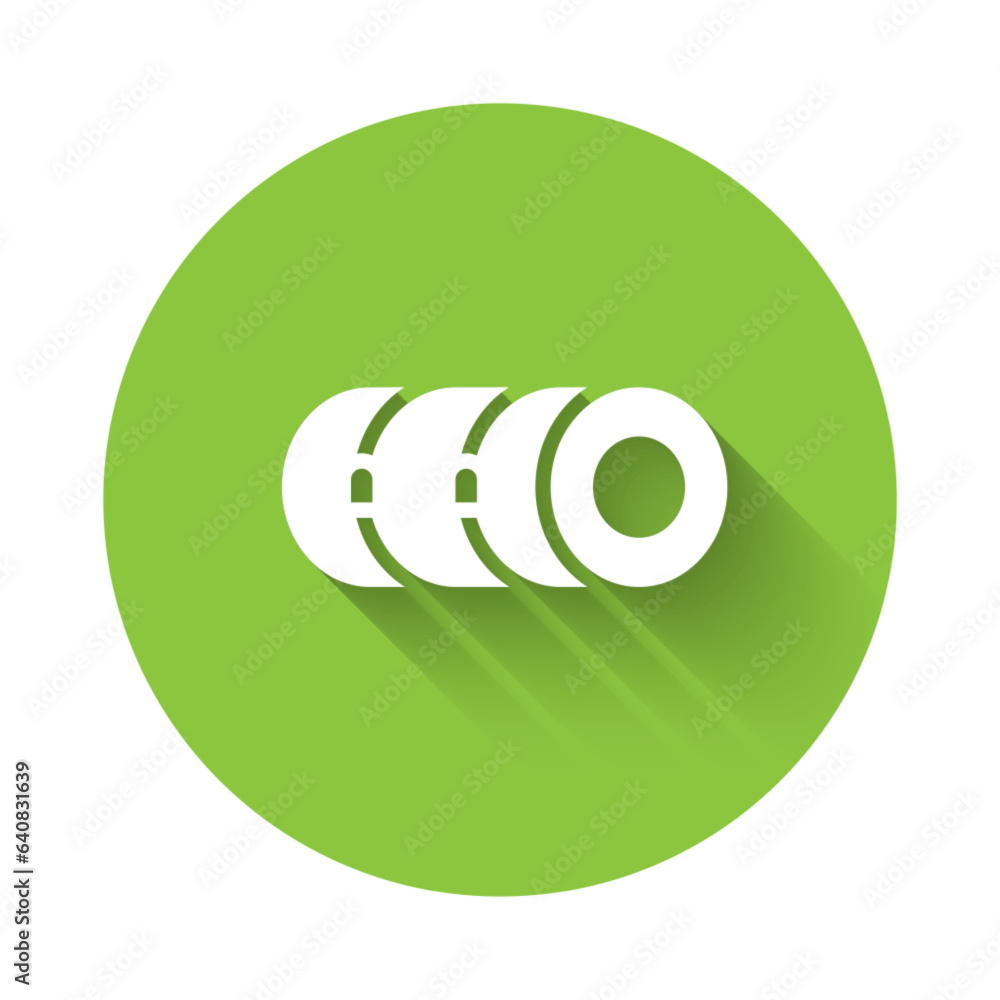 Poster white blanket roll icon isolated with long shadow background. camping roll mat. green circle button.