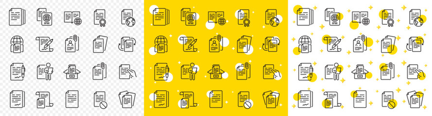 Copy files, Contract agreement, Passport. Documents line icons. CV interview, documents workflow, attachment clip icons. Change files, wrong document, bureaucracy and contract signature. Vector