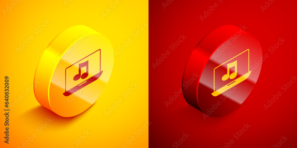 Poster isometric laptop with music note symbol on screen icon isolated on orange and red background. circle