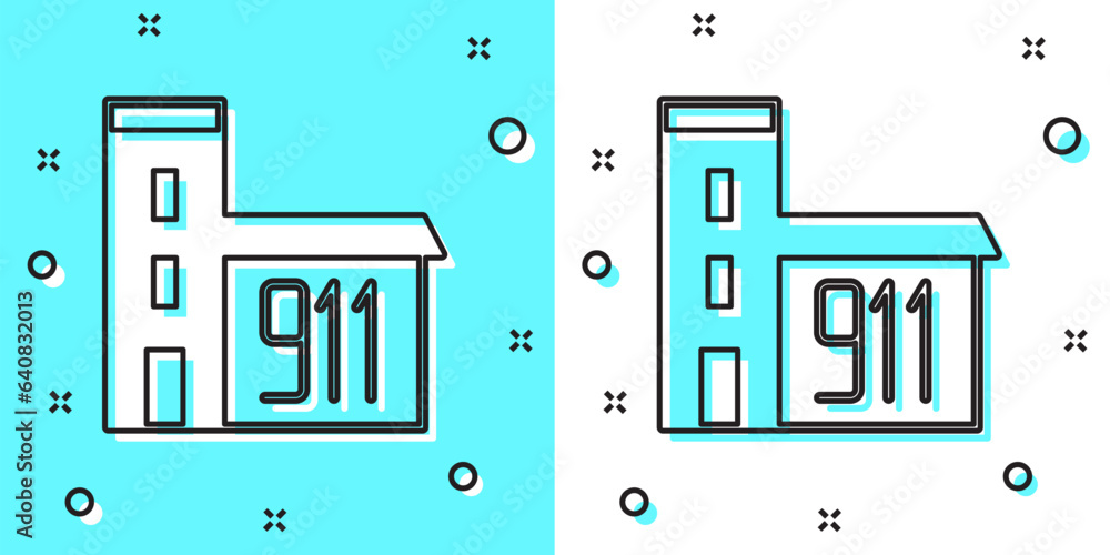Poster black line building of fire station icon isolated on green and white background. fire department bui