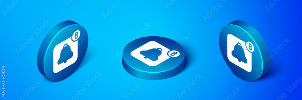 Poster isometric alarm clock app smartphone interface icon isolated on blue background. blue circle button.