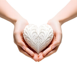 Woman hands holding love heart shape decor thing, on white background, realistic design illustration, generative ai