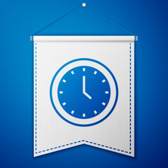 Blue Clock icon isolated on blue background. Time symbol. White pennant template. Vector
