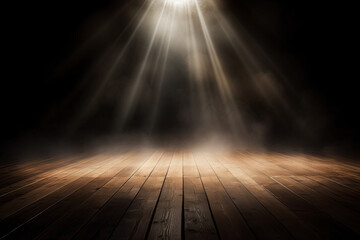 Empty Wooden Stage Illuminated by Spotlights with Smoke Float Up on Dark Background