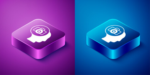 Isometric Photo camera icon isolated on blue and purple background. Foto camera. Digital photography. Square button. Vector