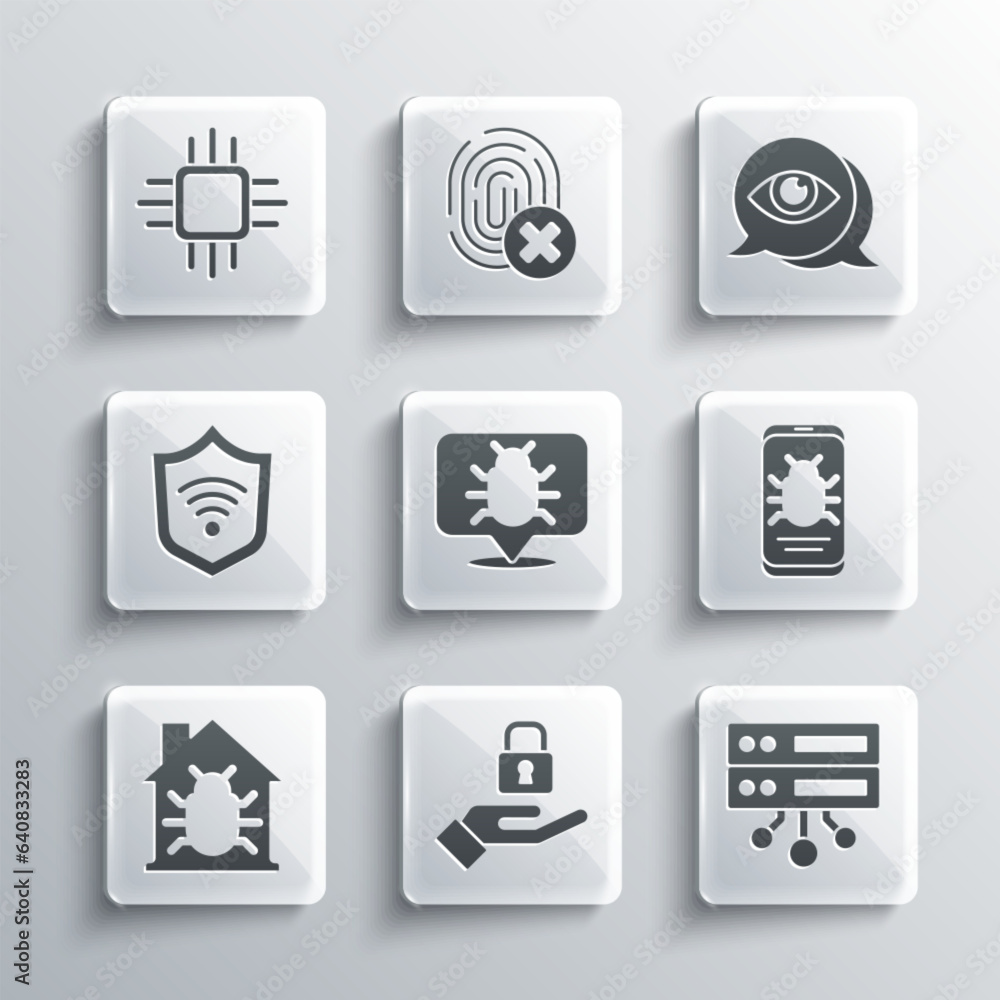 Poster set lock in hand, server, data, web hosting, system bug on mobile, house system, shield with wifi wi
