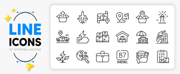 Car place, Send box and Car insurance line icons set for app include Wholesale inventory, Map, Battery outline thin icon. Package location, Storage, Inventory checklist pictogram icon. Vector