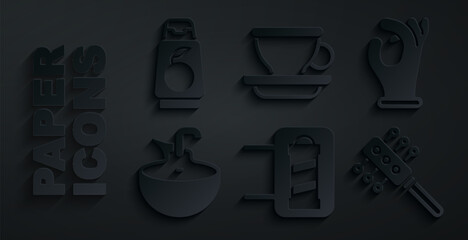 Set Barber shop pole, Medical rubber gloves, Washbasin, Hairbrush, Coffee cup and Bottle shampoo icon. Vector