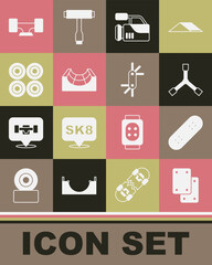 Set Knee pads, Skateboard, Y-tool, Cinema camera, park, wheel, and Tool allen keys icon. Vector