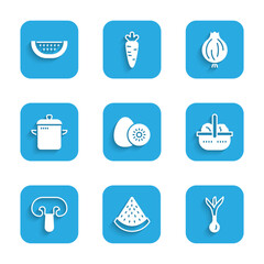 Set Kiwi fruit, Watermelon, Onion, Basket and food, Mushroom, Cooking pot, Garlic and icon. Vector