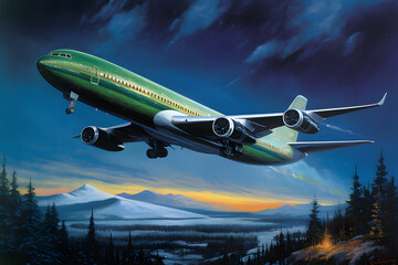 Airplane in the night sky flying over the northern landscape with mountains and forest. The concept of travel, vacation, trip far away, illustration.