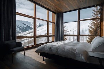 The interior of a cozy, bright hotel room with large windows overlooking the snow-capped mountains