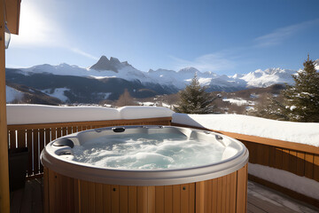 Outdoor jacuzzi in winter in the mountains with a view of the snow-capped mountains - obrazy, fototapety, plakaty