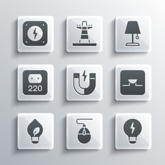 Set Computer mouse, Creative lamp light idea, Buzzer in electronic circuit, Magnet, Light bulb with leaf, Electrical outlet, Lightning bolt and Table icon. Vector