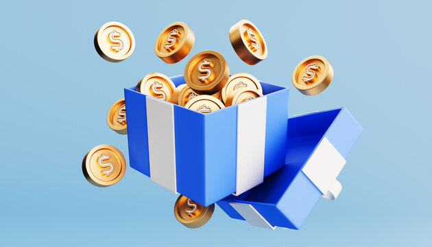 3D open gift box with golden coins. Money surprise. Cash prize. Casino or online game winner. Loyalty program concept. 3D rendering