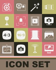 Set Photo retouching, frame, camera, Camera focus line, Studio light bulb softbox, and film roll cartridge icon. Vector