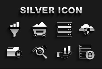 Set Search data analysis, Cloud and shield, Server security with padlock, Pie chart infographic, Folder, Sales funnel and Coal mine trolley icon. Vector
