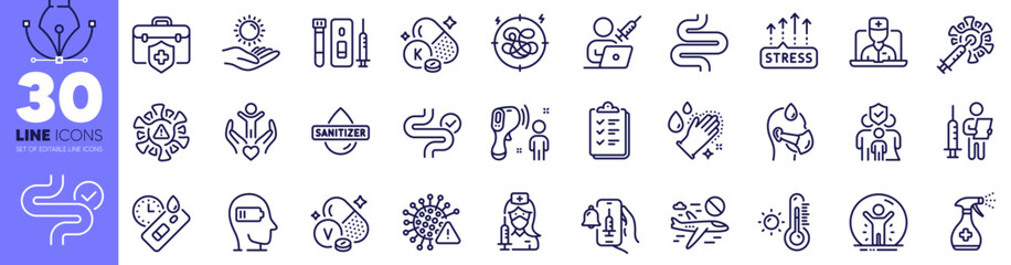 Vaccination announcement, Covid virus and Digestion line icons pack. Medical insurance, Medical cleaning, Vitamin k web icon. Recovered person, Stress, Electronic thermometer pictogram. Blood. Vector
