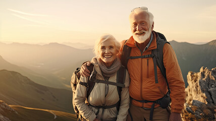 Happy active seniors having fun at the top of the mountain. Сouple of mature people enjoying and having fun in vacations. traveling lifestyle - obrazy, fototapety, plakaty