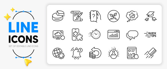Cash back, Website statistics and Timer line icons set for app include Reminder, Credit card, Startup outline thin icon. Talk bubble, Phone puzzle, Agreement document pictogram icon. Vector