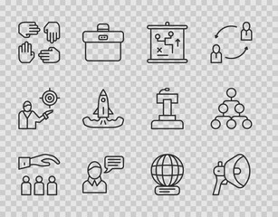 Set line Boss with employee, Megaphone, Planning strategy concept, Speech bubble chat, Project team base, Rocket, Worldwide and Hierarchy organogram chart icon. Vector