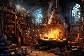 Witch’s Alchemical Workshop With Burning Oven Filled With Arcane Ingredients and Spellbooks - obrazy, fototapety, plakaty