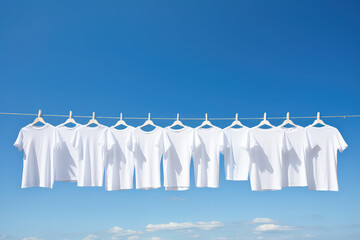 White t-shirts hanging on the line with pegs on clear blue sky background. Many simple white shirts. - Powered by Adobe