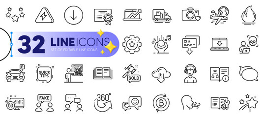 Outline set of Smile, Truck transport and Auction hammer line icons for web with Education, Engineering documentation, Certificate thin icon. Consultant, Noise. Design with yellow 3d stars. Vector