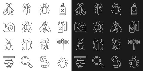 Set line Beetle deer, Dragonfly, Pressure sprayer, bug, Snail, Butterfly and icon. Vector