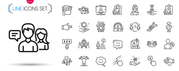 Pack of Smile chat, Freezing and Lgbt line icons. Include Dumbbells workout, Inclusion, Delegate question pictogram icons. Inspect, Volunteer, Smile face signs. Selfie stick, Support. Vector
