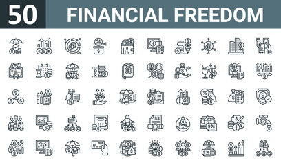 Fototapeta na wymiar set of 50 outline web financial freedom icons such as insurance, currency, as allocation, tax haven, crypto, stocks, roi vector thin icons for report, presentation, diagram, web design, mobile app.