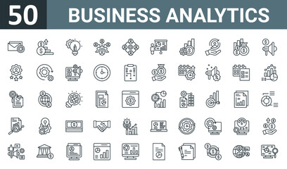 Fototapeta na wymiar set of 50 outline web business analytics icons such as email, investment, creative, coordination, team, presentation, business vector thin icons for report, presentation, diagram, web design, mobile