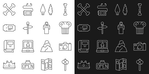 Set line Stone age hammer, Photo camera, Ancient column, arrow head, Road traffic signpost, Museum ticket, Crossed human bones and Gives lecture icon. Vector