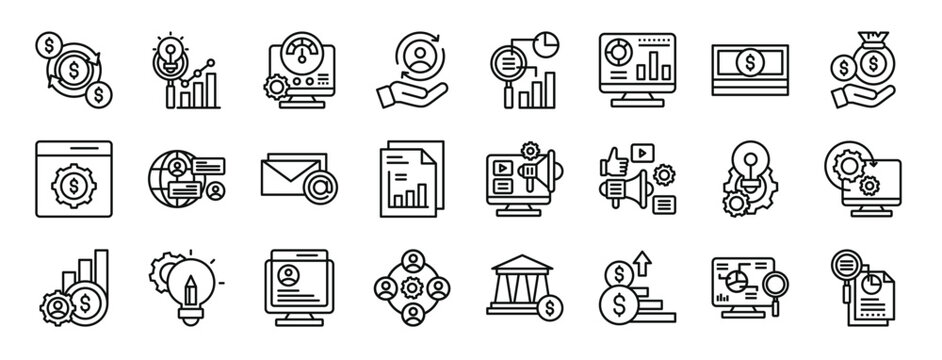 set of 24 outline web business analytics icons such as cash flow, insight, performance, hr, predictive chart, analysis, money vector icons for report, presentation, diagram, web design, mobile app