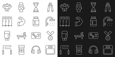 Set line Bathroom scales, Medal, Shower head, Old hourglass, Bodybuilder muscle, Locker or changing, and Sports nutrition icon. Vector