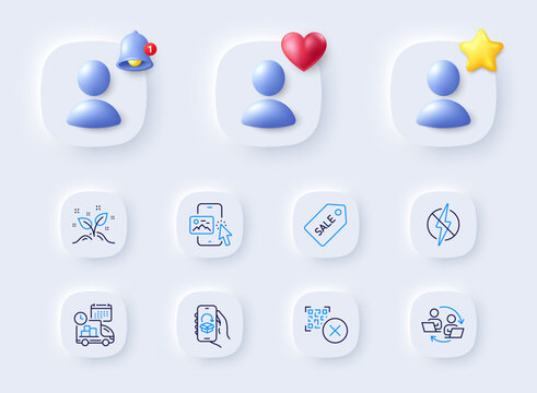 Phone image, Antistatic and Delivery line icons. Placeholder with 3d bell, star, heart. Pack of Startup concept, Delivery app, Sale ticket icon. Teamwork process, Qr code pictogram. Vector