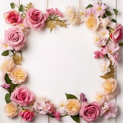 Obraz na płótnie Canvas Flowers frame on background. Top view