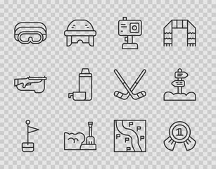 Set line Location marker, Medal, Action camera, Shovel in snowdrift, Ski goggles, Thermos container, Route location and Road traffic signpost icon. Vector