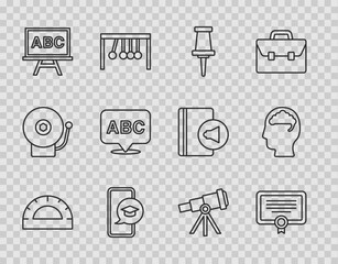 Set line Protractor grid, Certificate template, Push pin, Graduation cap on mobile, Chalkboard, Alphabet, Telescope and Human brain icon. Vector